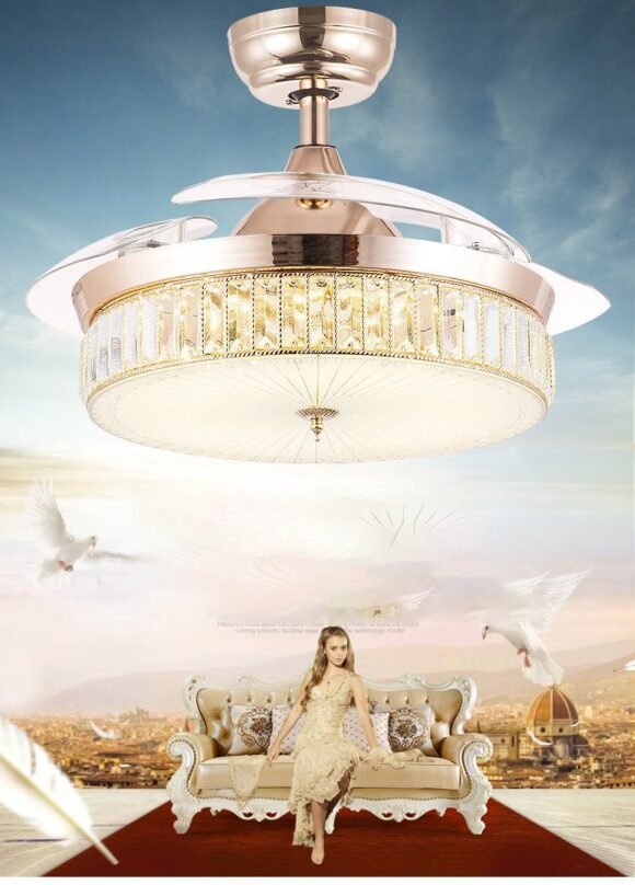 INVISIBLE CEILING FAN CHANDELIER CRYSTAL AND REMOTE CONTROL 4 RETRACTABLE ABS BLADES - WARM WHITE - Image 2
