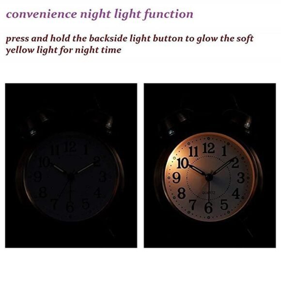 Sendrose Alarm Clock Brass Vintage Twin Bell Table Top Alarm Clock with Night Led Light Display Alarm Clock for Bedroom Heavy Sleepers Kids and Students (Silver) - Image 5