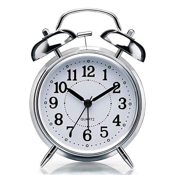 Sendrose Alarm Clock Brass Vintage Twin Bell Table Top Alarm Clock with Night Led Light Display Alarm Clock for Bedroom Heavy Sleepers Kids and Students (Silver)