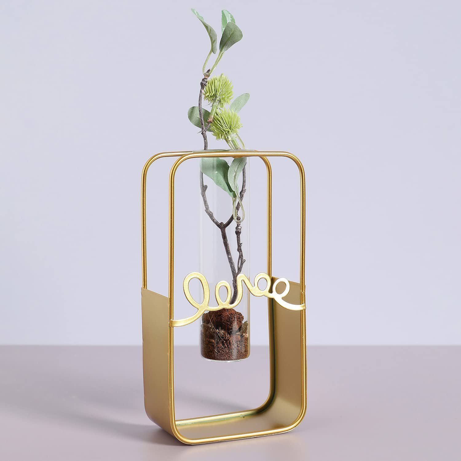 Bonhomie Gold Solid Rectangular Metal Glass Test Tube Flower Vase for Home Decor | Center Table Decorative Item for Living Room, Dining Table, Office, Bedroom | Pack of 1 (Without Flower) - Image 2