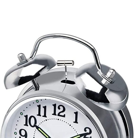 Sendrose Alarm Clock Brass Vintage Twin Bell Table Top Alarm Clock with Night Led Light Display Alarm Clock for Bedroom Heavy Sleepers Kids and Students (Silver) - Image 4