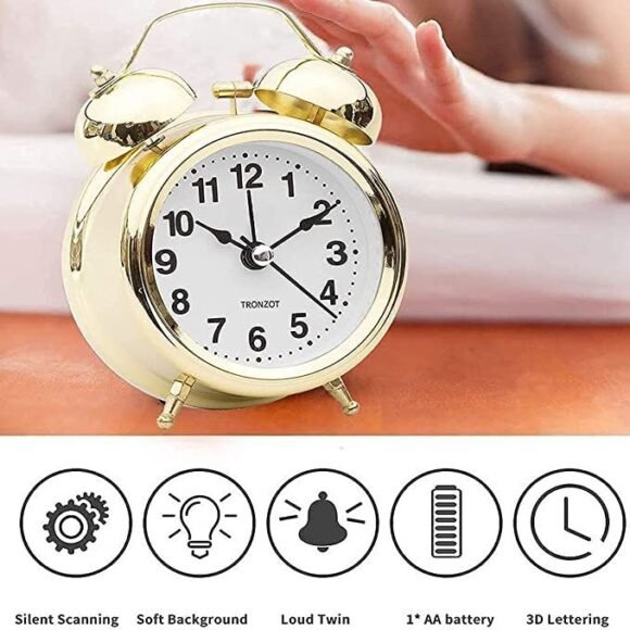 Maa Venture Twin Golden Bell Table Top Alarm Clock with Night LED Light Display Alarm Clock for Bedroom Heavy Sleepers Kids and Students for Heavy Sleepers Bedroom(Golden Vintage) - Image 4