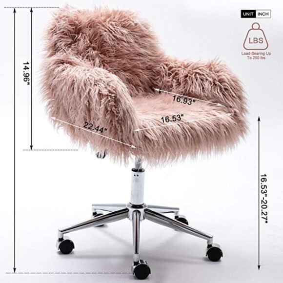 DKLGG Faux Fur Desk Chair, Cute Fluffy Upholstered Padded Seat, Vanity Accent Modern Height Adjustable Swivel Arm Decorative Furniture for Living Room/Makeup/Home Office/Teen Girls Bedroom, Pink - Image 4