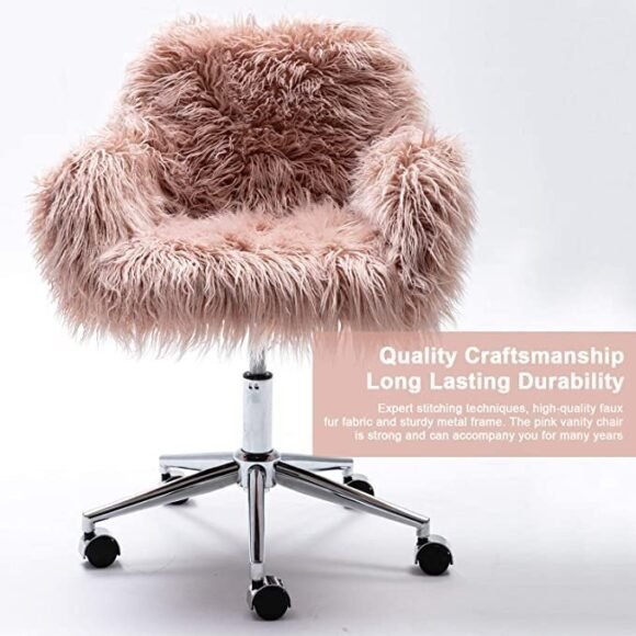 DKLGG Faux Fur Desk Chair, Cute Fluffy Upholstered Padded Seat, Vanity Accent Modern Height Adjustable Swivel Arm Decorative Furniture for Living Room/Makeup/Home Office/Teen Girls Bedroom, Pink