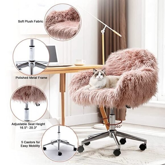 DKLGG Faux Fur Desk Chair, Cute Fluffy Upholstered Padded Seat, Vanity Accent Modern Height Adjustable Swivel Arm Decorative Furniture for Living Room/Makeup/Home Office/Teen Girls Bedroom, Pink - Image 3