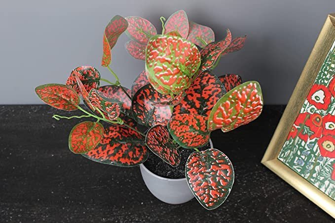 Elemntl Artificial Plant in Grey Pot for Home Decor | Decoration Items for Living Room | Decorative Table Top Indoor Plants Bonsai for Office Desks & Counters (Red Polka Dotted Plant in Grey Pot) - Image 2