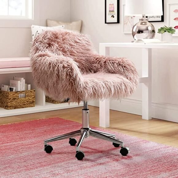 DKLGG Faux Fur Desk Chair, Cute Fluffy Upholstered Padded Seat, Vanity Accent Modern Height Adjustable Swivel Arm Decorative Furniture for Living Room/Makeup/Home Office/Teen Girls Bedroom, Pink - Image 2