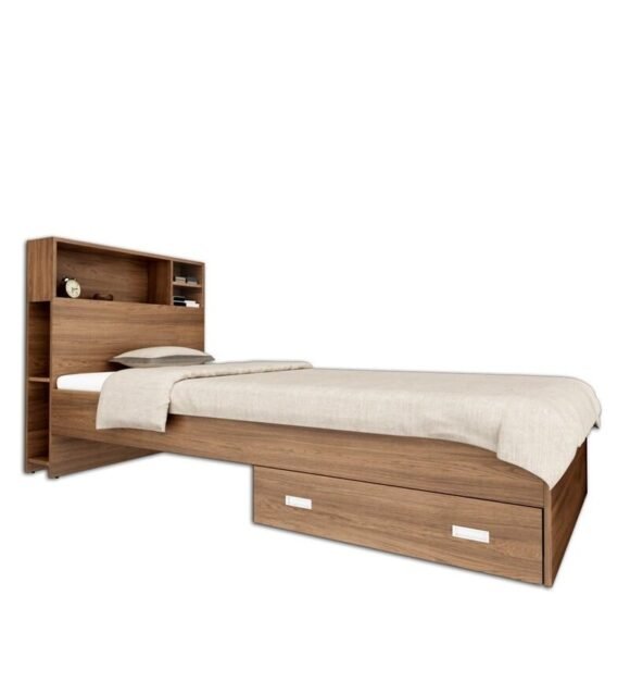 Boltera Single Bed With Headboard Storage & Drawer in Dark Walnut Finish - Image 3