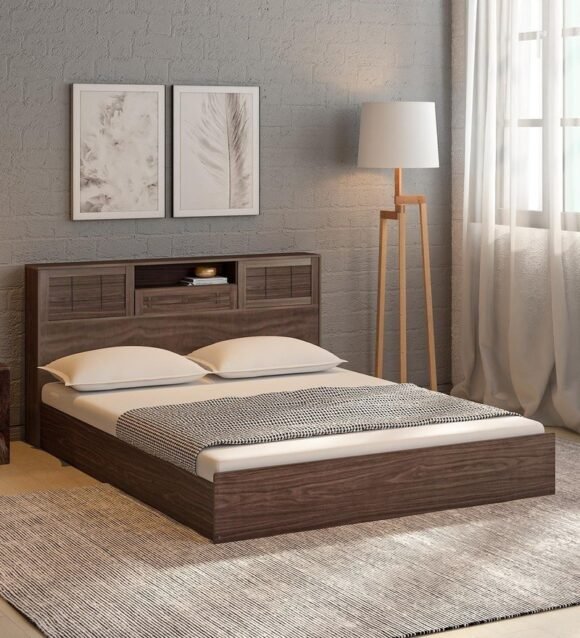 Hideki Blackline Queen Size Bed With Box Storage In Walnut Finish