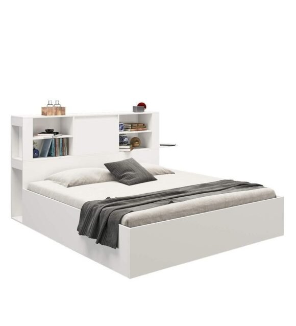 Magnus Queen Size Bed with Box Storage & Charger in Mist White Color - Image 3