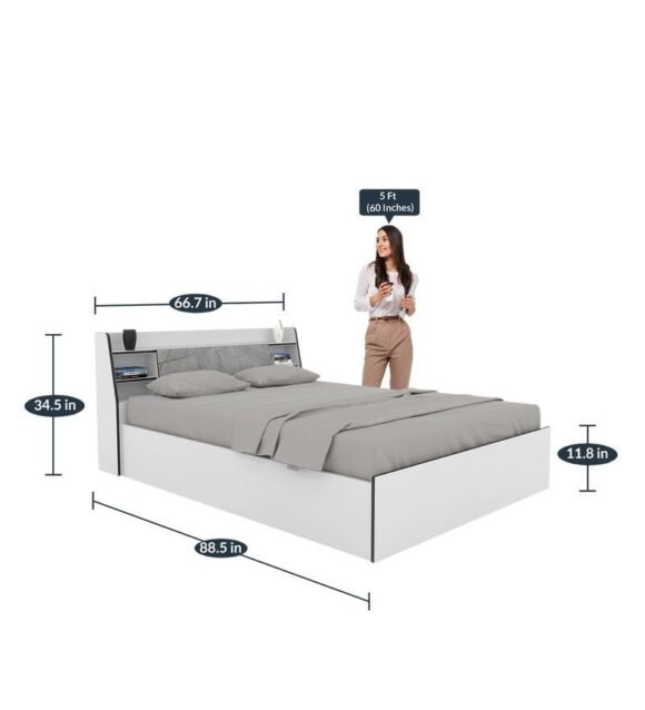 Marbito Queen Size Bed With Box & Headboard Storage in White Colour - Image 2