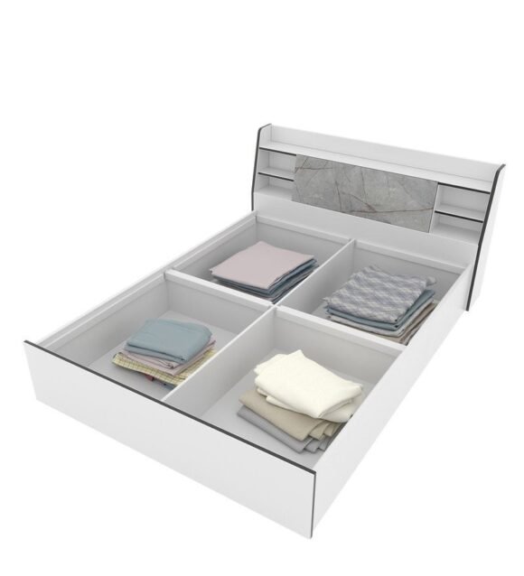 Marbito Queen Size Bed With Box & Headboard Storage in White Colour - Image 4