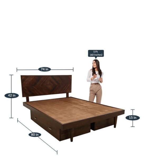 Square Diamond King Size Bed With Drawer Storage In Walnut Finish - Image 3
